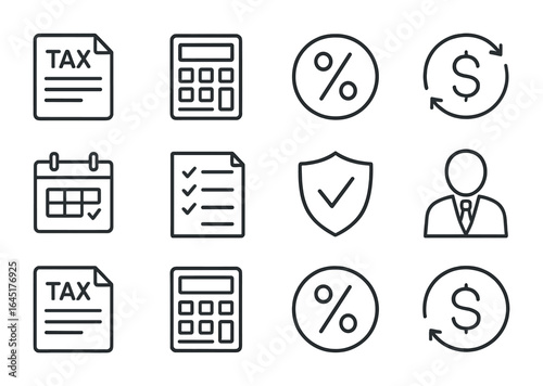 Tax Planning Icons. Outline icon set of tax planning: tax form, calculator, percentage icon, refund symbol,