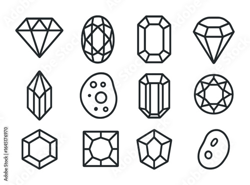 Gemstone Icon Grid. Outline vector icons of gemstone collecting: ruby, sapphire, emerald, topaz, amethyst,