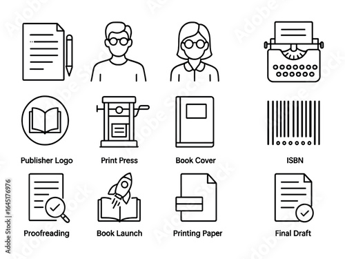 Book Publishing Icons. Outline vector icons of book publishing: manuscript, author, editor, typewriter,