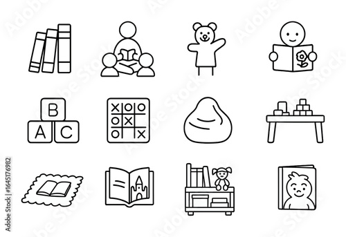 Children's Library Icons. Outline vector icons of children’s libraries: colorful books, story time, puppet,