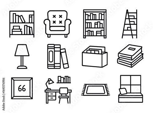 Personal Library Icons. Outline vector icons of personal libraries: home shelf, leather chair, wooden bookcase
