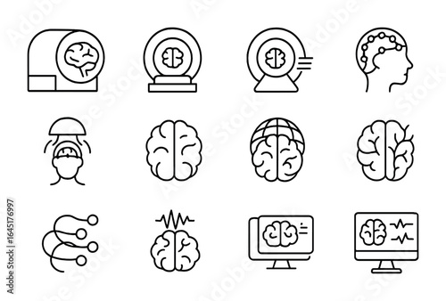Brain Imaging Techniques. Outline vector icons of brain imaging techniques: fMRI, PET scan, CT scan, EEG, MEG,