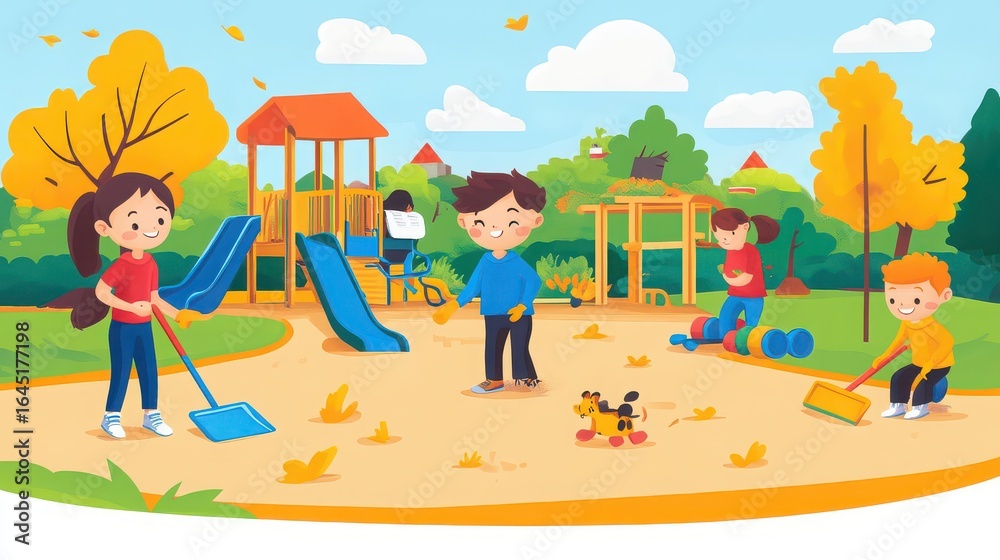 Fototapeta premium Children cleaning up leaves at a playground with slides and trees on a sunny autumn day scene