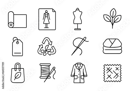 Slow Fashion Icons. Outline vector icons of slow fashion: fabric bolt, design sketch, tailor dummy, natural