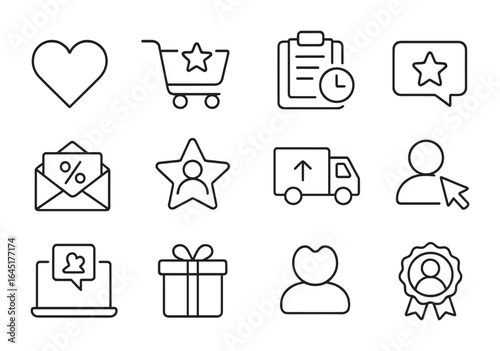 Ecommerce Icons Grid. Outline vector icons of ecommerce loyalty tools: product wishlist, cart rewards, order