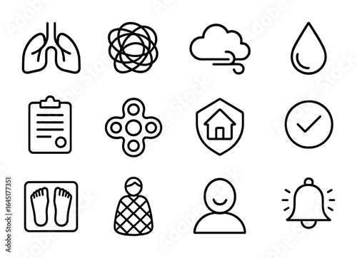 Anxiety Management Icons. Outline vector icons of managing anxiety and stress: breathing symbol, tangled line,