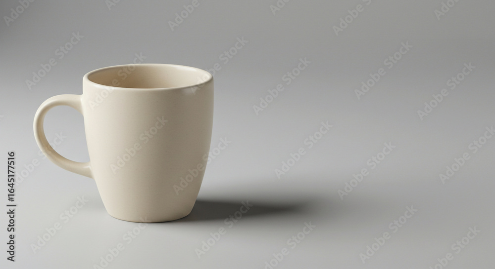 Obraz premium Minimalist Beige Ceramic Mug With Handle On A Light Gray Surface