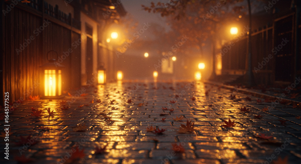 Rainy Evening Street with Glowing Lanterns and Autumn Leaves Rainy Evening Street with Glowing Lanterns and Autumn Leaves