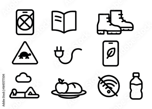 Digital Detox Icons. Outline icon set of digital detox in nature: phone off icon, book, walking shoes, slow