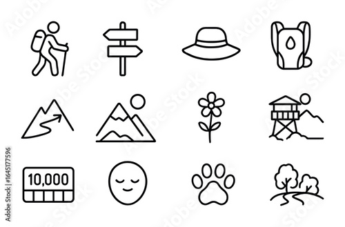 Solitary Hiking Icon Set. Outline icon set of hiking in solitude: solo hiker, trail marker, sun hat, hydration