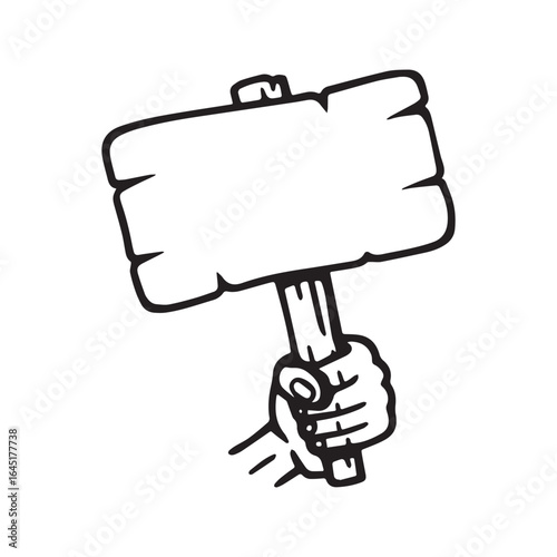 Hand holding a blank sign on a stick, outline illustration. Hand-drawn doodle for protest or message. Empty placard vector mockup isolated on white.
