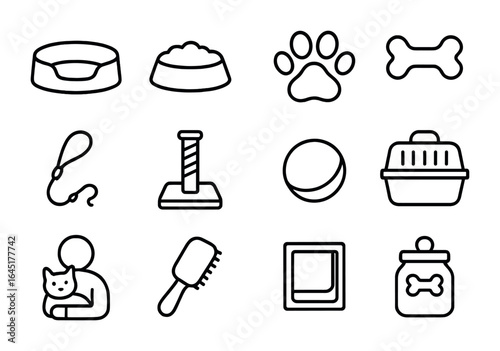Home Pet Icons. Outline icon set of life at home with pets: pet bed, food bowl, paw print, chew toy, leash,