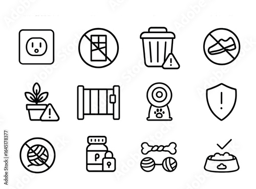 Pet Safety Icons. Outline icon set of pet safety indoors: outlet cover, no chocolate sign, secure trash, no