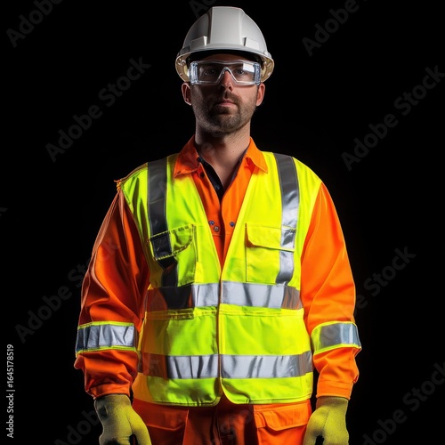 A person wearing a high-visibility safety vest, hard hat, and protective glasses stands against a dark background. The individual is dressed in work attire, including gloves,