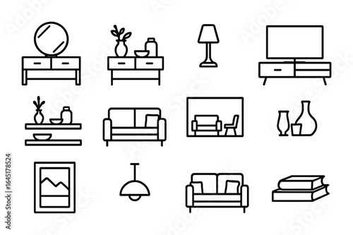 Living Room Icon Set. Outline icon set of living room with mirror focus: focal mirror, console decor, indoor