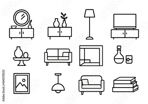 Living Room Icon Set. Outline icon set of living room with mirror focus: focal mirror, console decor, indoor