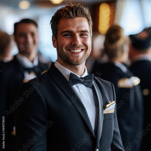 A man in a formal suit smiles at the camera in a well-lit indoor setting with other people in the background. He has short, styled hair and a neatly groomed beard. 