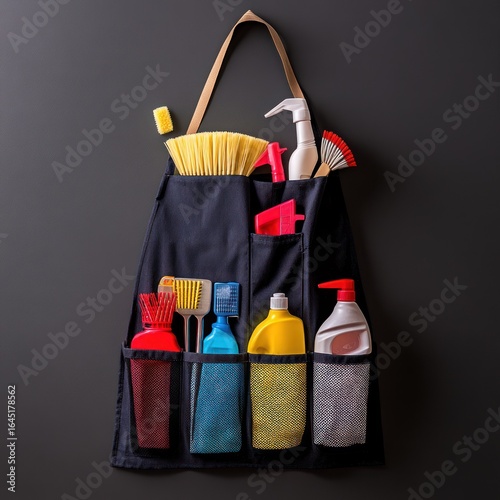 A black apron with multiple pockets hanging on a hook, containing various cleaning supplies such as brushes, sponges, and bottles of cleaning solutions. The apron is neatly organized, a