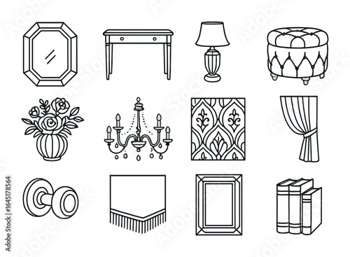 Elegant Interior Icons. Outline icon set of elegant interior accents: beveled mirror, slim console, crystal