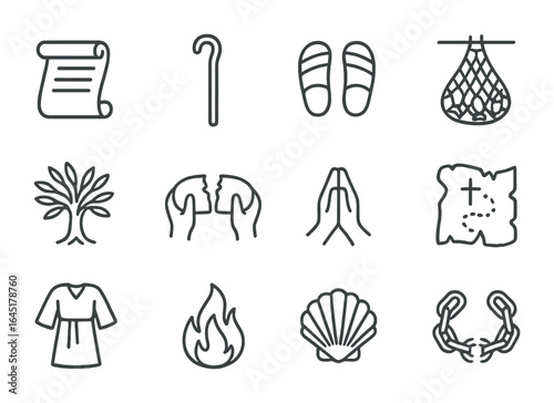 Apostles' Journey Icons. Outline icon set of the life of the apostles: scroll of teachings, walking staff,
