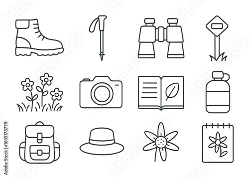 Alpine Hiking Icons. Outline icon set of alpine hiking and observation: hiking boots, walking pole, binoculars