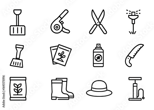 Seasonal Tool Icons. Outline icon set of seasonal tool storage: snow shovel, leaf blower, garden shears,