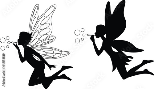 Enchanting fairy silhouettes blowing bubbles, magical winged creatures, whimsical fantasy art, creative illustration, storytelling concept, vector design, decorative graphic