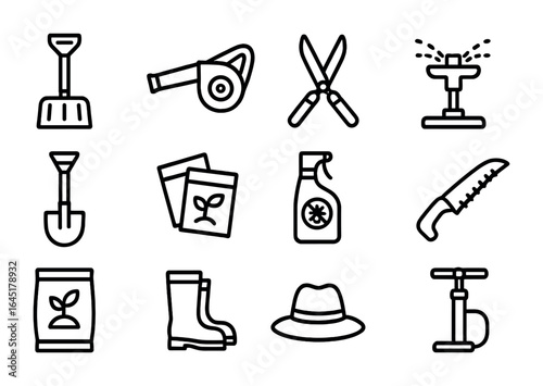 Seasonal Tool Icons. Outline icon set of seasonal tool storage: snow shovel, leaf blower, garden shears,