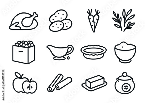 Holiday Meal Ingredients. Outline icon set of holiday meal ingredients: turkey, potatoes, carrots, herbs,