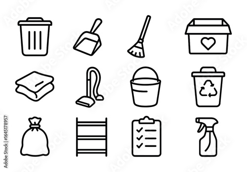 Shed Cleanup Icons. Outline icon set of shed cleanup and decluttering: trash bin, dustpan, broom, donation box