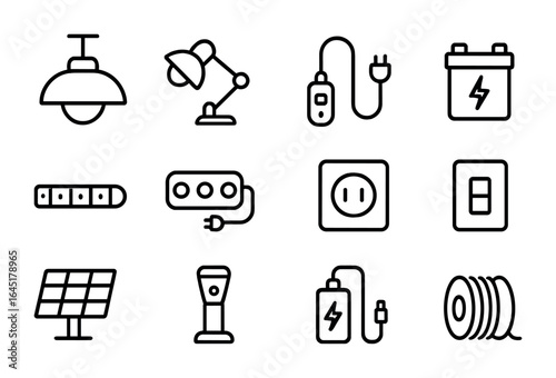 Shed Lighting Icons. Outline icon set of shed lighting and power: ceiling light, clamp lamp, extension cord,