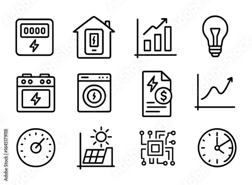 Energy Monitoring Icons. Outline icon set of energy consumption and monitoring: smart meter, home energy panel