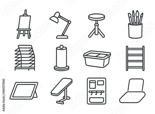 Watercolor Studio Icons. Outline icon set of studio setup for watercolor: easel, desk lamp, art stool, brush