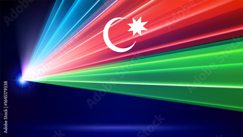 Laser flag of azerbaijan. Multicolor laser show on dark blue background. Template of banner, poster for national holiday of azerbaijan. Place for text. State patriotic banner. Copy space. Vector