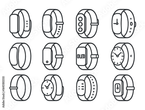 Smart Band Icon Set. Outline icon set of smart band designs: classic band, silicone strap, metal clasp, color