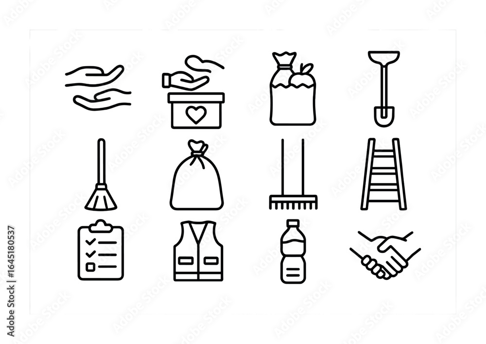 © Марина Коваль - Volunteer Icon Set. Outline icon set of volunteer storm relief work: helping hands, donation box, food bag, © Марина Коваль - Volunteer Icon Set. Outline icon set of volunteer storm relief work: helping hands, donation box, food bag,