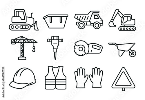 Storm Recovery Icons. Outline icon set of storm recovery construction equipment: bulldozer, debris container,