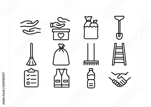 Volunteer Icon Set. Outline icon set of volunteer storm relief work: helping hands, donation box, food bag,