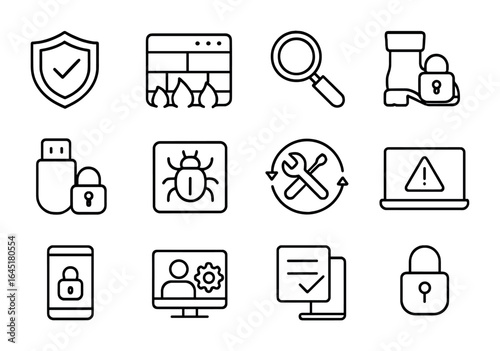 Endpoint Protection Icons. Outline icon set of endpoint protection tools: antivirus shield, firewall window,