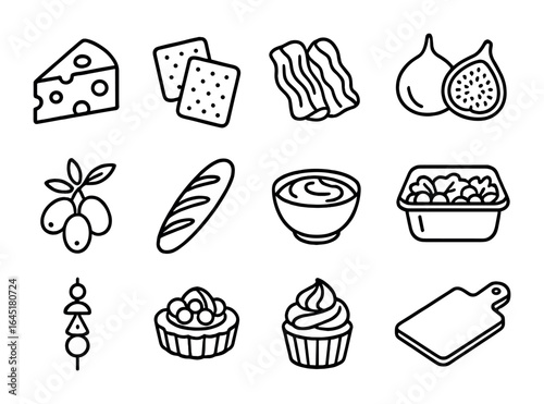 Gourmet Picnic Icons. Outline icon set of gourmet picnic food: cheese slice, crackers, prosciutto, figs,