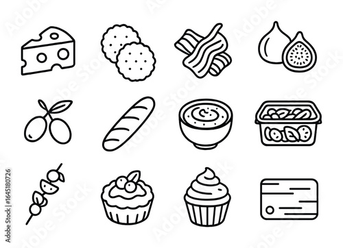 Gourmet Picnic Icons. Outline icon set of gourmet picnic food: cheese slice, crackers, prosciutto, figs,