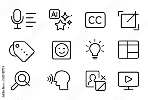 AI Tools Icon Set. Outline icon set of AI-assisted content creation: voice-to-text icon, AI edit magic,