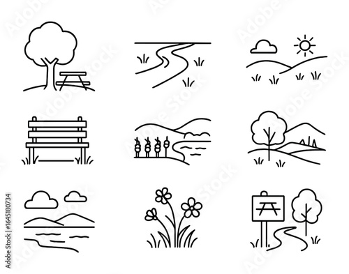 Picnic Location Icons. Outline icon set of picnic location elements: tree shade, riverbank, grassy field, park