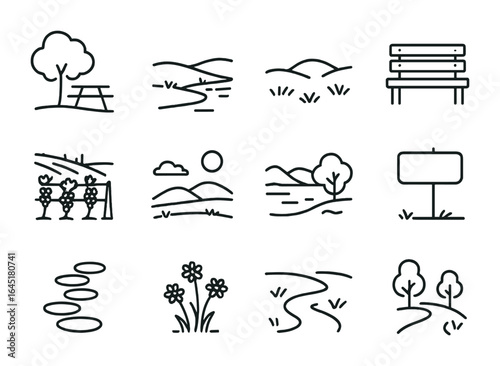 Picnic Location Icons. Outline icon set of picnic location elements: tree shade, riverbank, grassy field, park