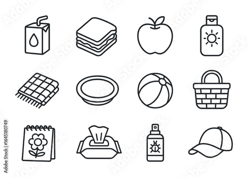 Family Picnic Icons. Outline icon set of family-friendly picnic: juice box, sandwich, apple, sunblock, blanket