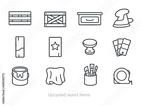 Upcycled Wood Icons. Outline icon set of upcycled wood items: pallet board, crate box, old drawer, sanding