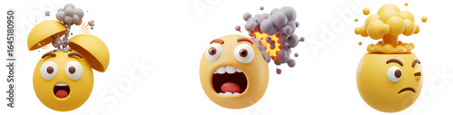 Three yellow emoji heads with different expressions and smoke coming from their heads in a row on transparent background