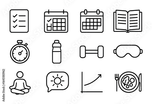 Self-Improvement Icon Set. Outline icon set of self-improvement habits: checklist, habit tracker, calendar,
