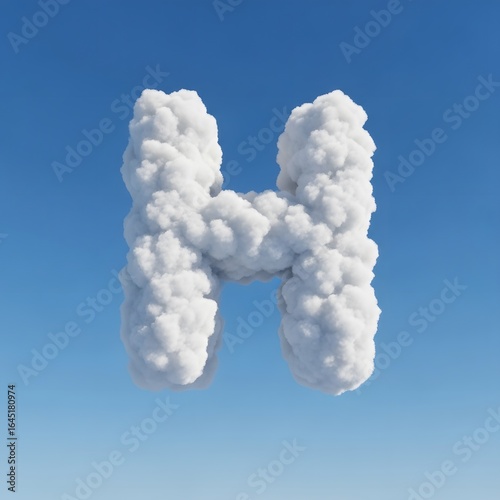 Letter H formed by white clouds against a clear blue sky. Creative cloud alphabet design, nature-inspired typography.