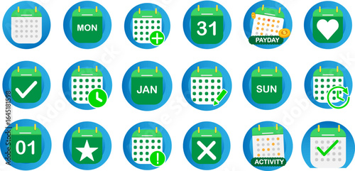 Collection set of calendar icons with various symbols and dates displayed on a white background.